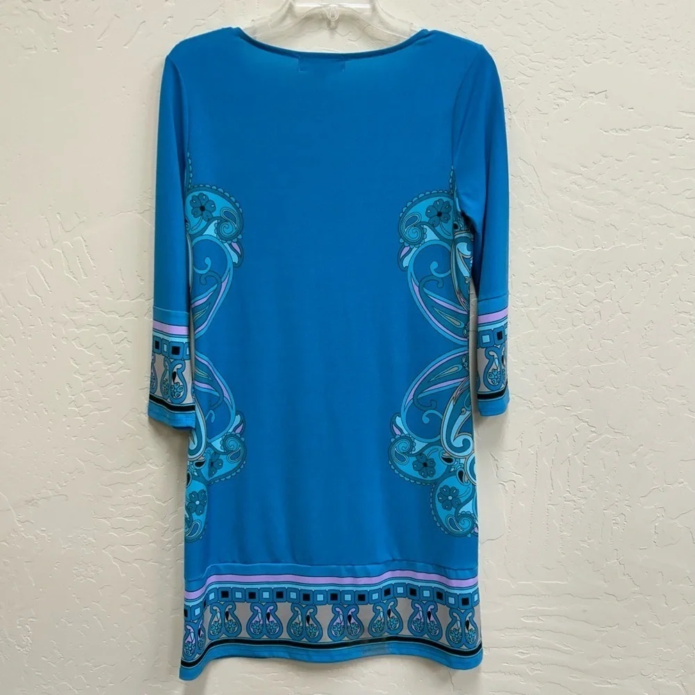 Michael Kors Blue Midi Dress with a Paisley Pattern 3/4 Sleeve & Round Neck